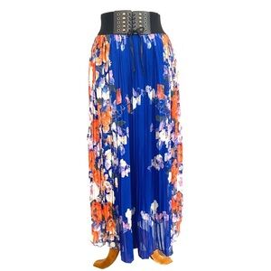 Magic Pleated Floral Midi Skirt w/ Faux Lace Up Studded Grommet Belt Sz 1X